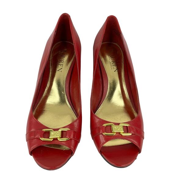 Ralph Lauren Wedges Paula Cherry Red 7.5B Leather Open Toe - Picture 2 of 11